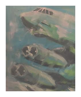 Oil painting of the front of a plane in flight, done in muddy shades of blue, grey, pink, and green. 