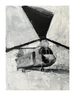 Oil painting of a helicopter and rudders, done in shades of black and white. 
