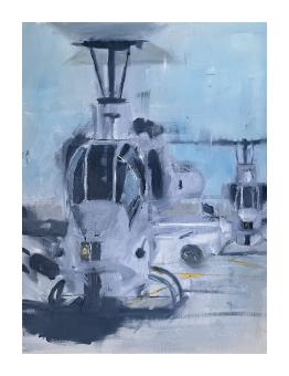 Oil painting of the front view of a helicopter, done in soft blues and whites with black shadows. 
