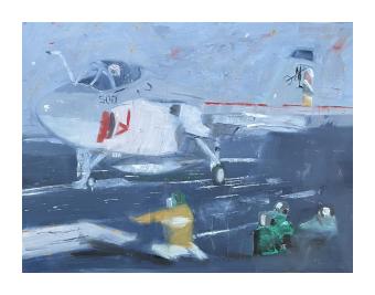Oil painting of a small plane in landing, with abstract figures in yellow, green, and blue. 