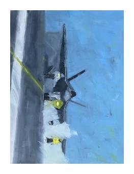 Oil painting of a plane in takeoff position, done in monochrome blue with touches of yellow for lighting. 