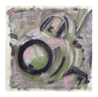 Oil painting of the front view of a plane's nose and cockpit, done in black, green, and pink. 