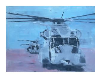 Oil painting of a closer view at a helicopter from the front, done in blues and shadows.