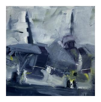 Oil painting of a plane done in monochrome blues with a touch of yellow for implied lighting. 