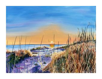 Oil painting of a beach trail done in blues and yellows.