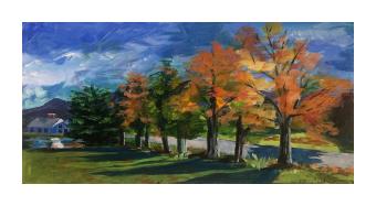 Oil painting of a row of trees alongside a roadside in autumn colors with a vibrant blue sky.