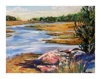 Oil painting of a branching river across terrain in blues and yellows.