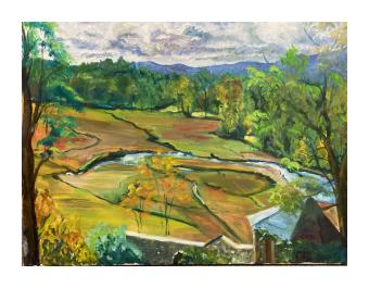 An oil painting of a field from an angled and aerial view with forest and settlement encircling the field. Done in greens and yellows. 