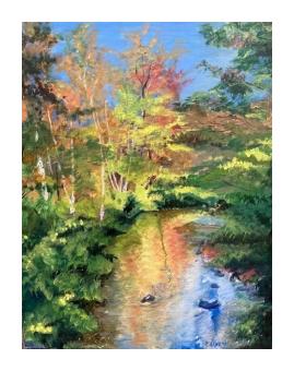 An oil painting of a stream in a forest during autumn where the autumn hues blur into the reflection of the water. 