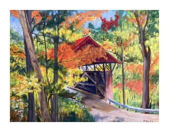 An oil painting of a covered bridge during autmn.