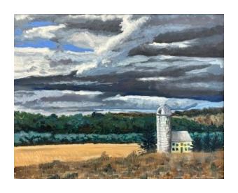 Oil painting of a field and barn/silo, encircled by forest under a stormy sky in greys and blues.