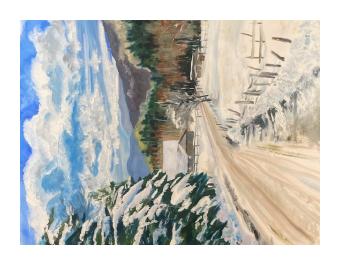 Oil painting of a snowy country road leading to a home done in whites, browns, and blues. 