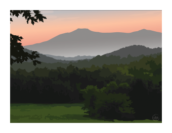 Scenery of a green forest clearing with mountains in the back and a sky in peach. 