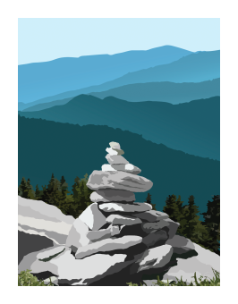 Close view of a rock cairn in greys in front of a blue mountainous landscape. 
