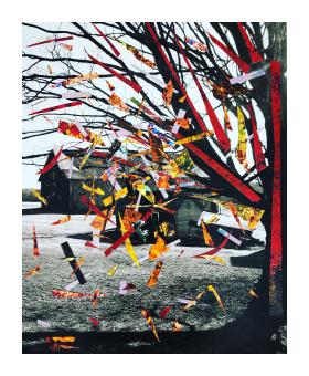 Photographic collage of houses with a burning tree in the foreground. Done in browns and oranges. 