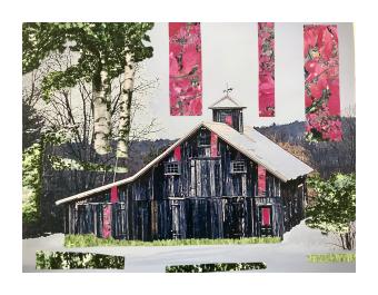 Photographic collage of a barn in spring and autumn, done in greens and pinks. 