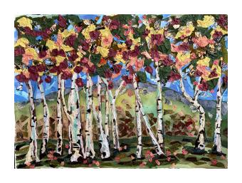 Photographic collage of a birch treeline with a blue sky behind, done in orange, red, and green. 