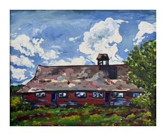 A landscape of a barn, painted in reds and greens. The sky is blue behind it. 