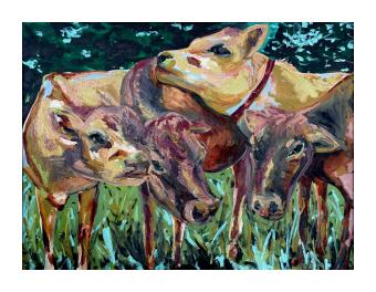 Four cows, all close together on a grassy and green plain - The cows are painted in shades of tan and brown. 