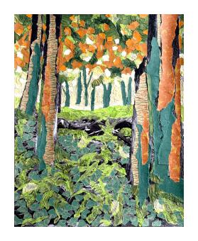 A collage of photography depicting a view through the trees. Done in greens, oranges, and yellow. 