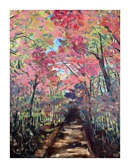 A pathway through overarching trees painted in greens and reds.