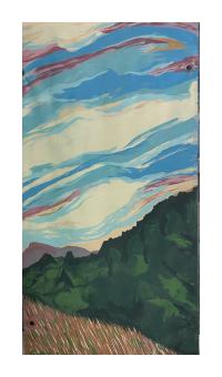 View of a green mountain with yellow grass in front of a blue, white, and pink sky. 