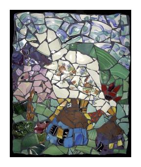 Colorful ceramic mosaic depicting a chicken on a hill. 