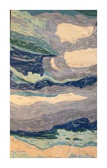 View of the clouds swirling around each other, in greens, white, and shades of blue. 