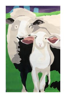 A portrait of a mother sheep and a lamb staring at the viewer on a green pasture. 