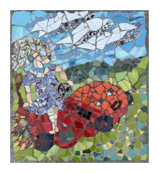 Colorful ceramic mosaic depicting a child on a toy car in the hills. 