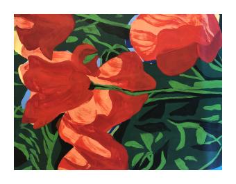 A close up depicting poppies in oranges and greens. 