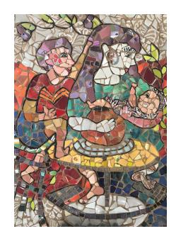 Colorful ceramic mosaic depicting a potter at the wheel with her children alongside her. 