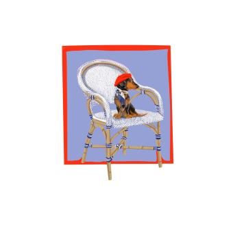 Dachshund in beret and vest on white wicker chair, blue background with red trim. 