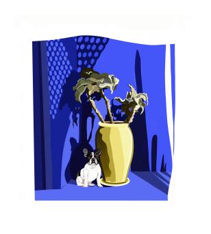 French bulldog on the ground next to yellow pot with plant. Background is abstract with shades of blue and halftone textures. 