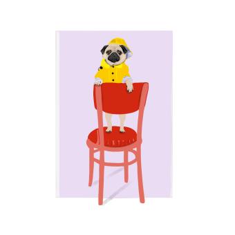 Pug in rain attire standing on hind legs over back of red chair. Lavender background. 