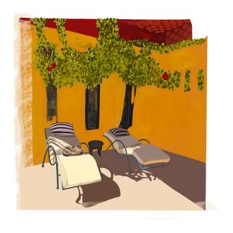 Dog sleeping on deck chairs with a foliage overhang and yellow wall behind. Red roof tiles above. 