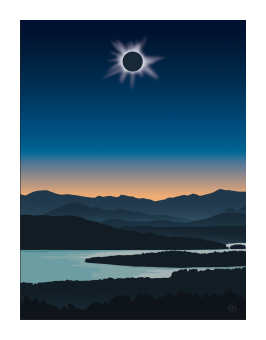View of the lake and mountains in deep and light blues while the moon is in eclipse with a glow around its edges. 