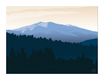 View of a mountain range in blues and a sky in pastel orange. 