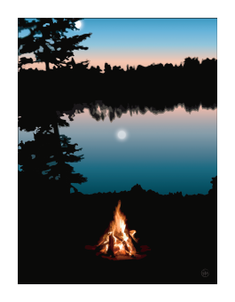 View of a campfire in vibrant oranges compared to the black forest scenery and blue lake and sky. 