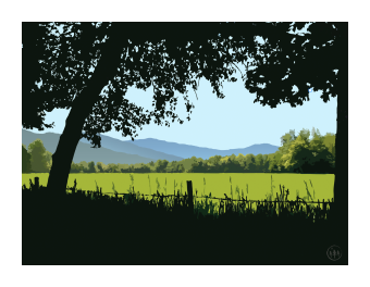 View of a meadow through a deep green tree and grass line to brighter green pasture. 
