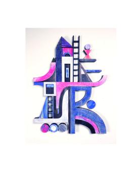 Mixed media collage of an abstraction of a house.