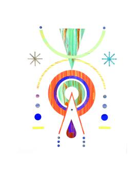 Mixed media collage depicting colorful and abstract shapes.