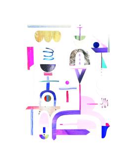 Mixed media collage of various organic shapes.