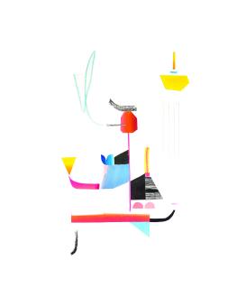 Mixed media collage abstraction of a person smoking on the toliet.