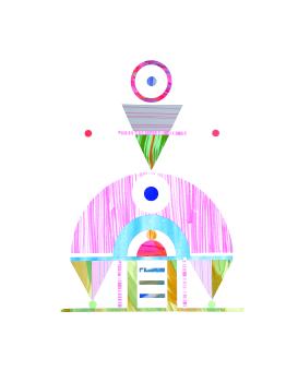 Mixed media collage of various circular and triangular elements in vibrant colors.