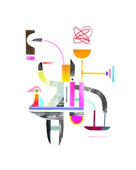 Mixed media collage of a colorful abstraction of birds and snakes.