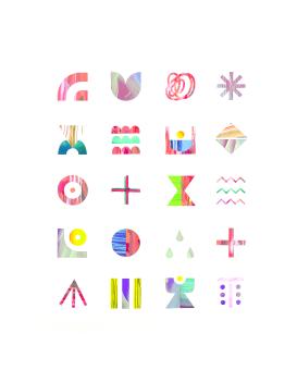 Mixed media collage of various colorful symbols.