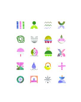 Mixed media collage of various colorful symbols.