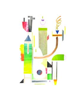 Mixed media collage of an abstraction of a city.