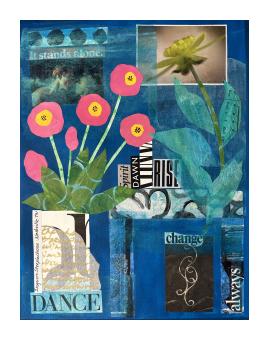 Mixed media piece depicting photographs merged with floral paintings and a blue background. 